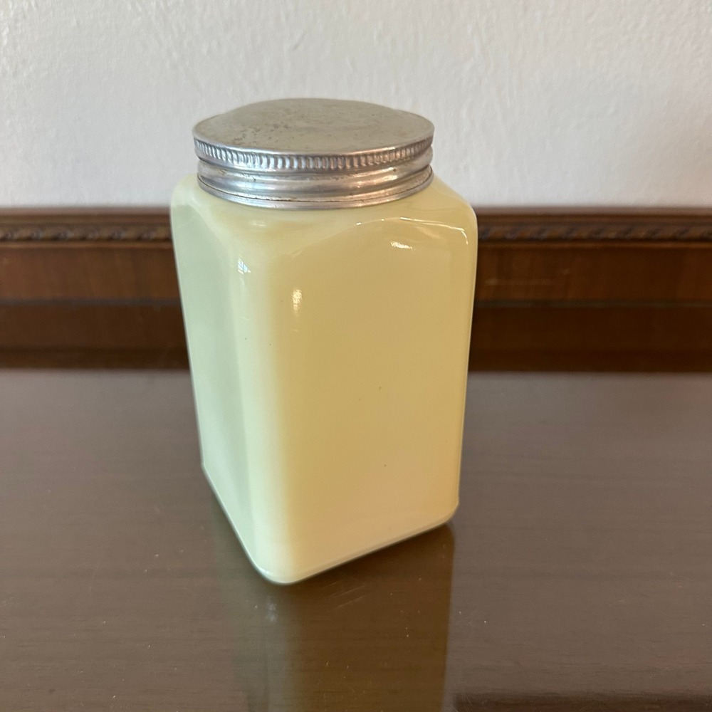 McKee Custard Glass Canister 28oz Uranium Glass Glows Green Vintage Kitchen Jar